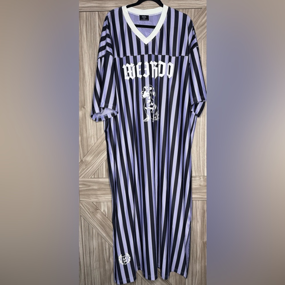 Striped Black and Purple T-Shirt with Dog Graphic